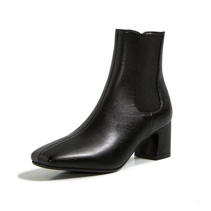 

2021 New Autumn Winter Heels Pu Leather Stretch Fabrics Ankle Women Boots Square Toe Slip on Ladies Shoes Size 34-43 Cxfa, Brown