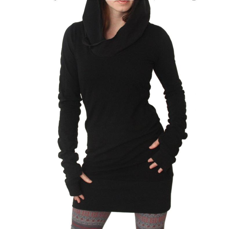 

Women' Long Hooded Pullover Pullover Pure Color Long Sleeve Split Pocket Hooded Dress, Black