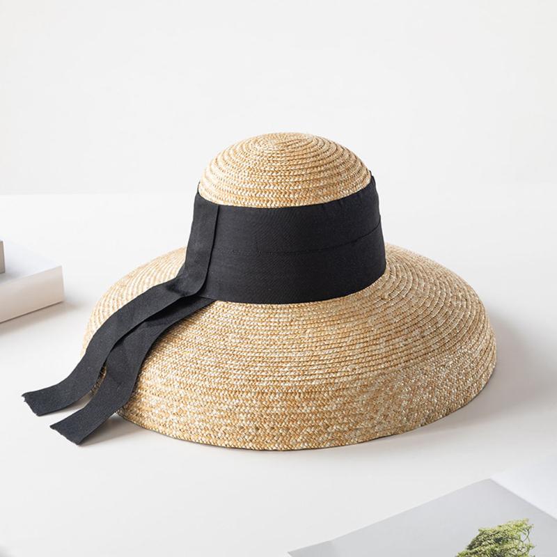 

Elegant Women Straw Hat Bell Type 12CM Wide Brim Sun Hat Natural Wheat Straw Summer Beach Shade Ladies With Black Belt, F0202-3
