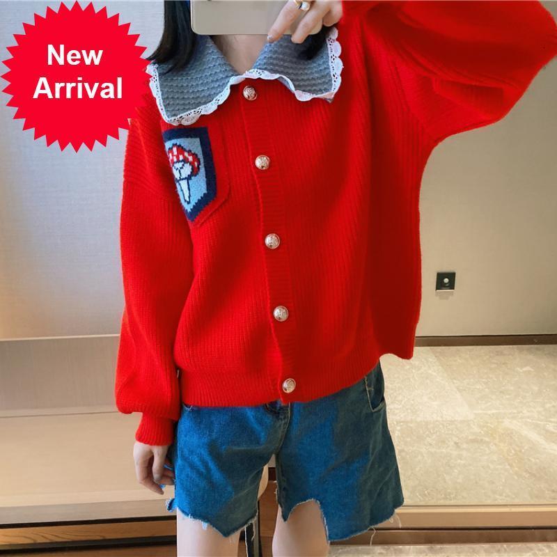 

New Luxury 2021 Brand Design Clothes Jacket Autumn Lace Puff-puff Doll Mushroom Cartoon Mesh Cardigan Women's Sweater GDJV, White