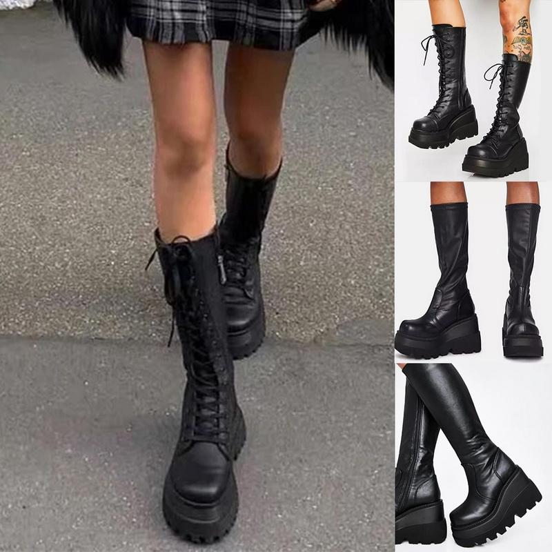 

Big Size 35-43 Brand Design Ladies High Platform Boots Fashion Zip High Heels Boots Women 2020 Wedges Shoes Woman, Black lace up