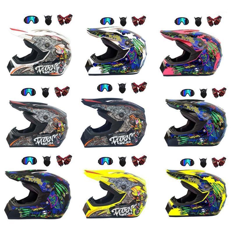 

Men 4PCS Four Seasons Cross-Country Motorcycle Full Helmet Road Racing Helmet Set With Glasses Mask And Gloves1, White