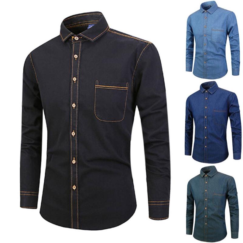 

Men's Fashion Denim Long Sleeve Shirt Plus Size Cotton Jeans Cardigan Casual Slim Fit Shirts Tops Pocket Button Clothes N5240, Blue