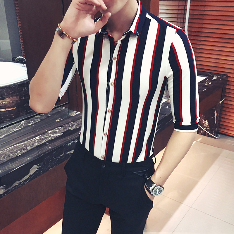 

2020 Shirt, Male Striped Social Shirt for Men with Short Sleeves, Summer Fashion, Chic, Large Size , Red and White, Striped, Wk4f, Redblack stripe.