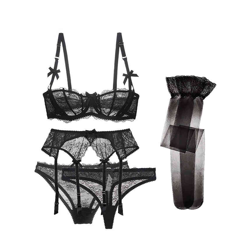 

NXY Bras Sets Varsbaby Sexy Lace 5-Piece Suspenders Briefs Thongs Stockings Underwear Black Pink White plus Size Bra Set 0302