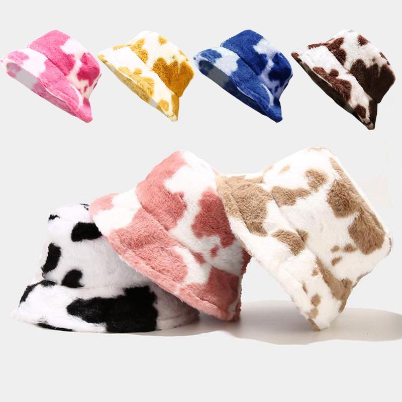 

Stingy Brim Hats 1PCS Women Winter Faux Bucket Hat Cow Printing Leisure Outdoor Warm Solid Thickened Protection Plush Men Tide Flat Top