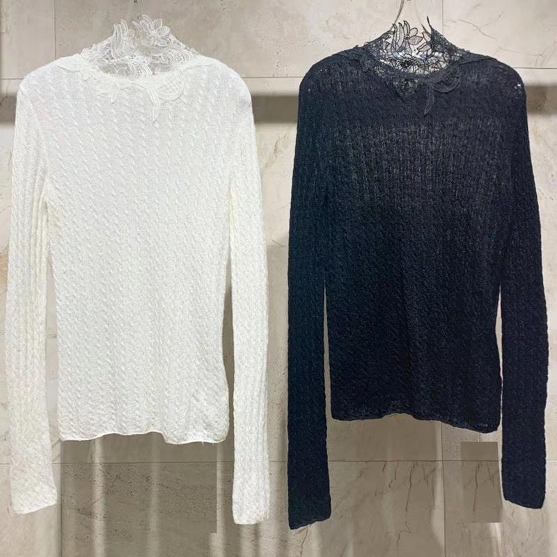 

Women Wool Basic Shirt 2020 Autumn Slim Pullovers Top Lace Patchwork Embroidery Flower Woolen Women Long Sleeve Knitting Shirt, Black
