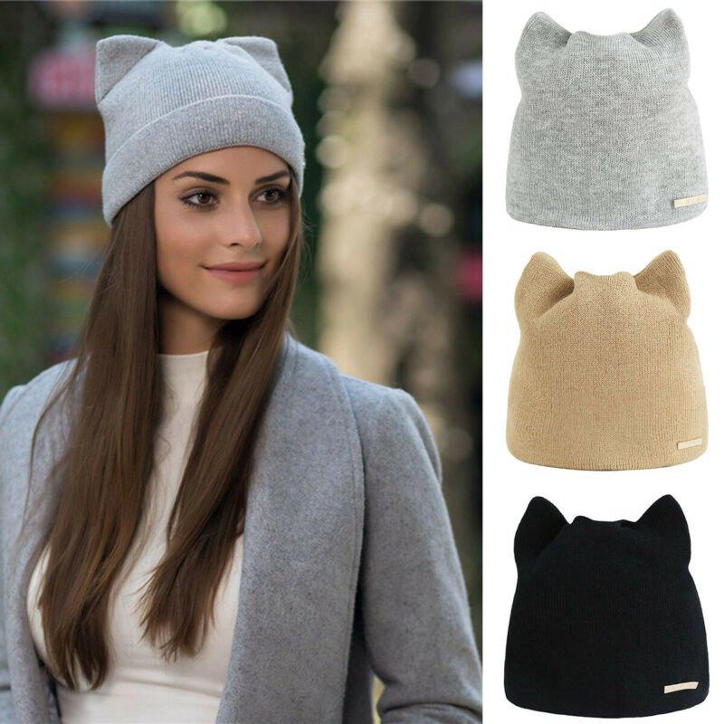 

Winter Beanie Knitted Hat Ears Cat Girl Women Wool Hat Warm Solid Color Cap, Grey