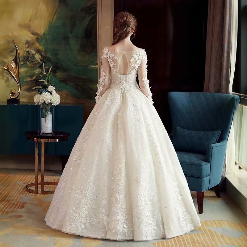 

2021 New Dress Wedding Long Soiree Gown Bride for Robe Flower Three Quarters F8TU, Ivory white