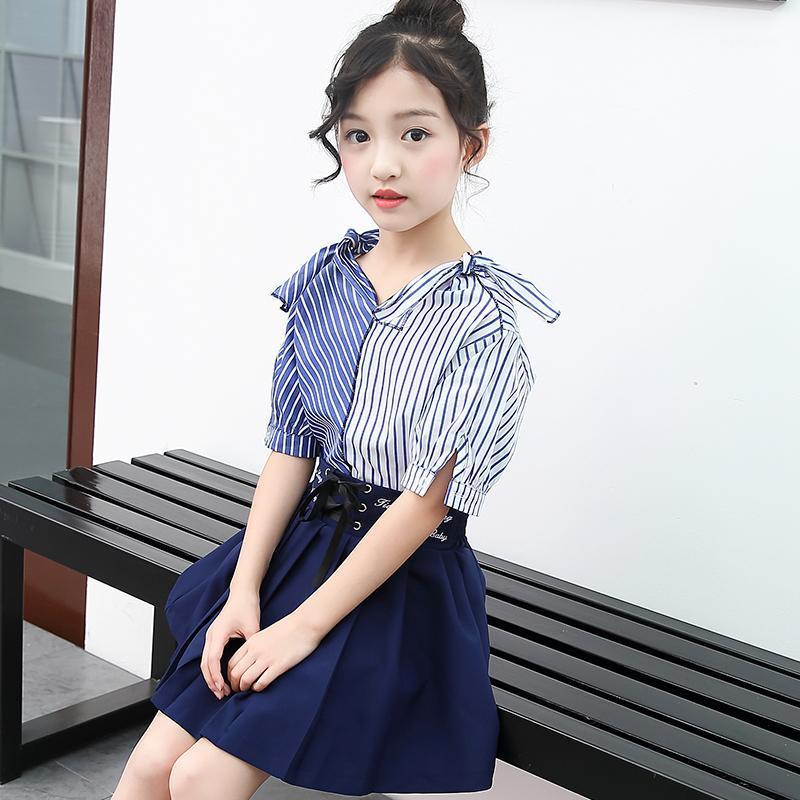 

set summer for girl 2021 girls kids fashion 2 pieces shirt + skirt 4 8 10 12 13 years children clothes teen girl summer sets1, Blue