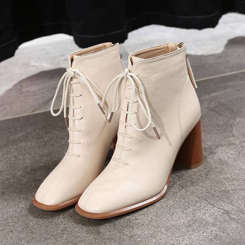 

Fashion Roman Short Boots Women Shoes Autumn Lace-up Thick Heels Women Pumps Shoes Pointed Toe Ankle Boots for High Heels1, Beige