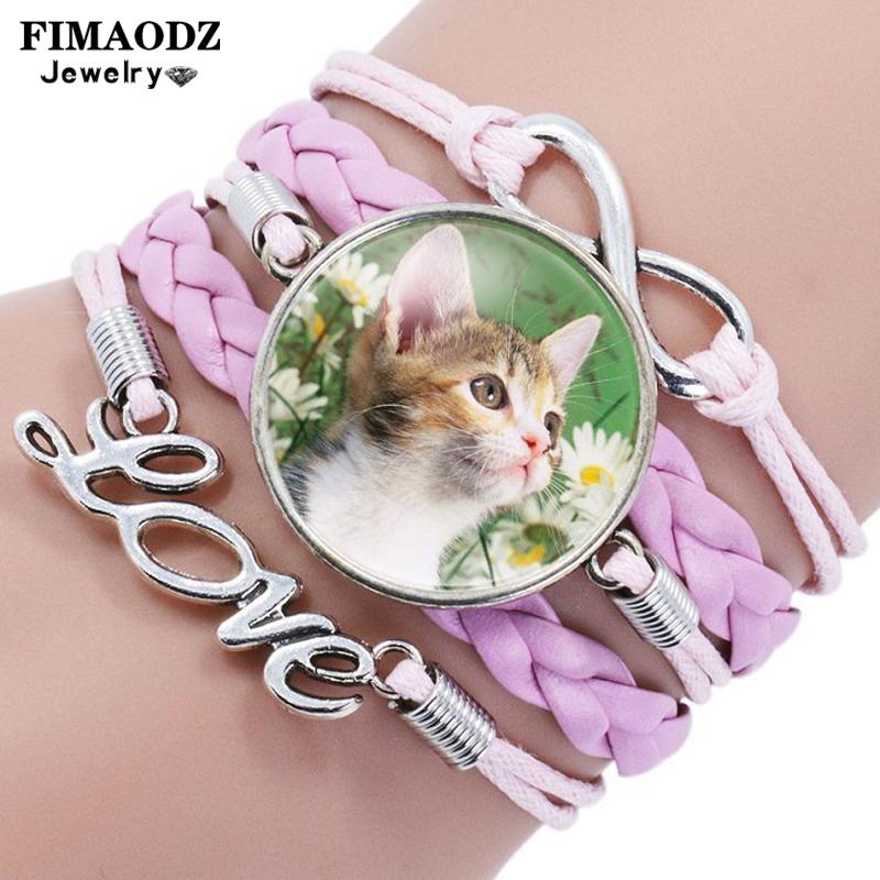 

Charm Bracelets FIMAODZ Lovely Little Cat Flower Bracelet Cute Kitty Art Picture Infinity Multilayer Fashion Bangles For Pet Lovers
