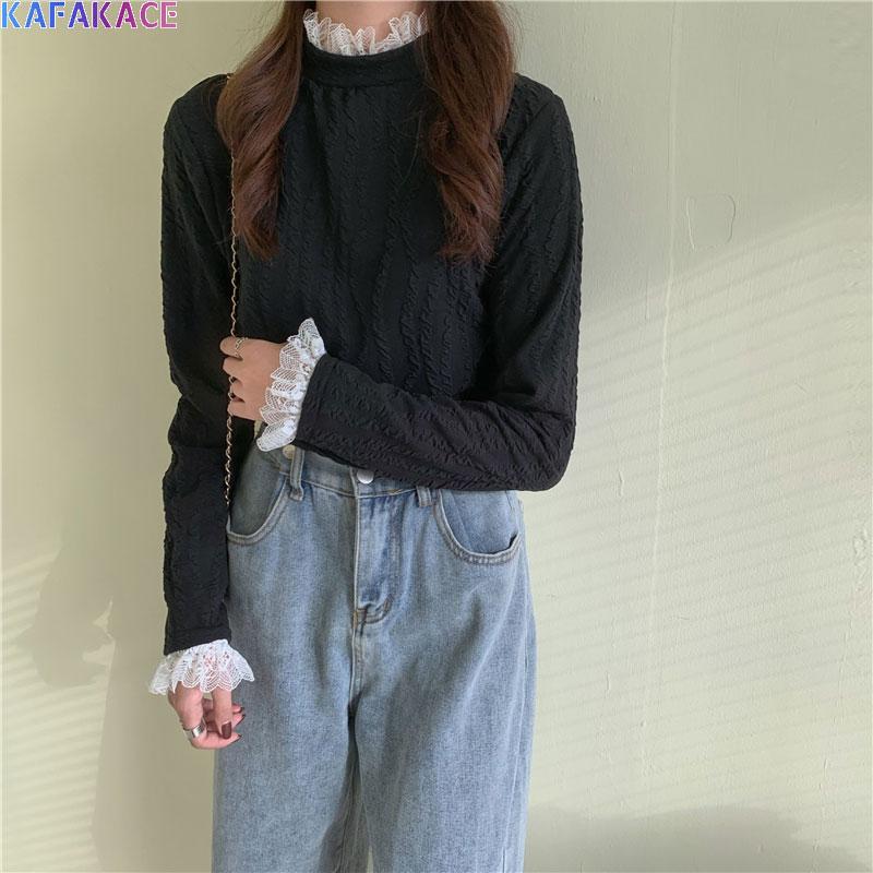 

KAFAKACE 2020 Women T-Shirt Floral Elastic Spliced Lace Turtleneck Tops&Tees Long Sleeve Casual Show Thin Pullover Women Tops, Da-xi-328-c-52