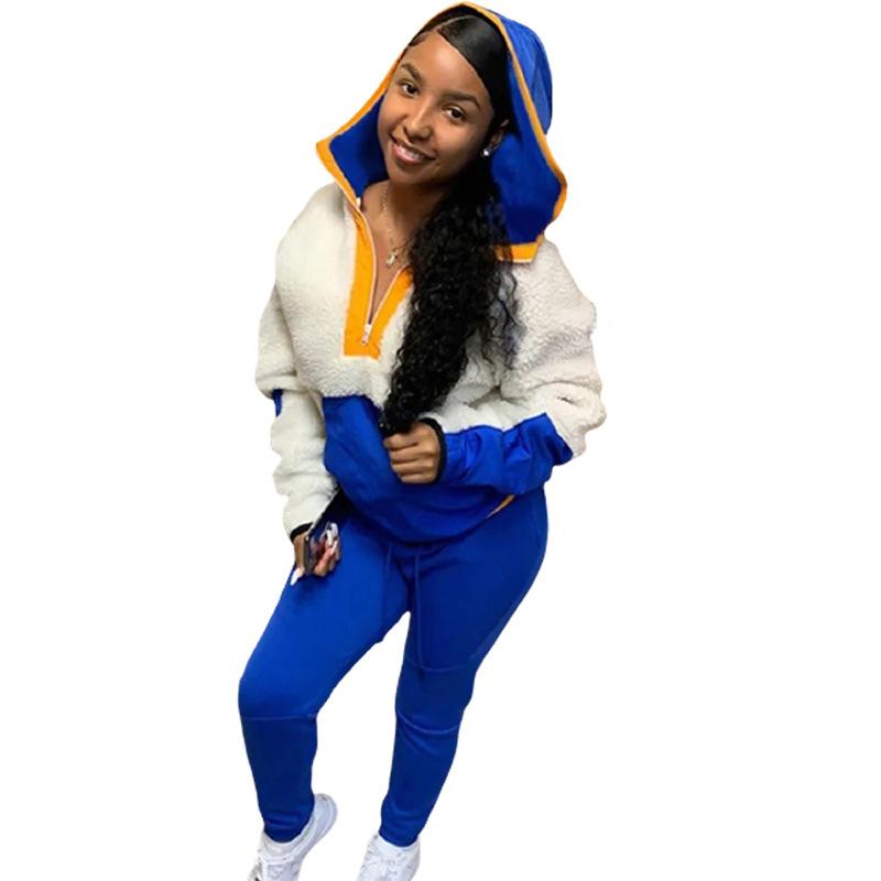 

European American New Two Piece Urban Casual Personality Women' Fashion Color Matching Hooded V Neck Casual Suit Autumn Winter, By picture color