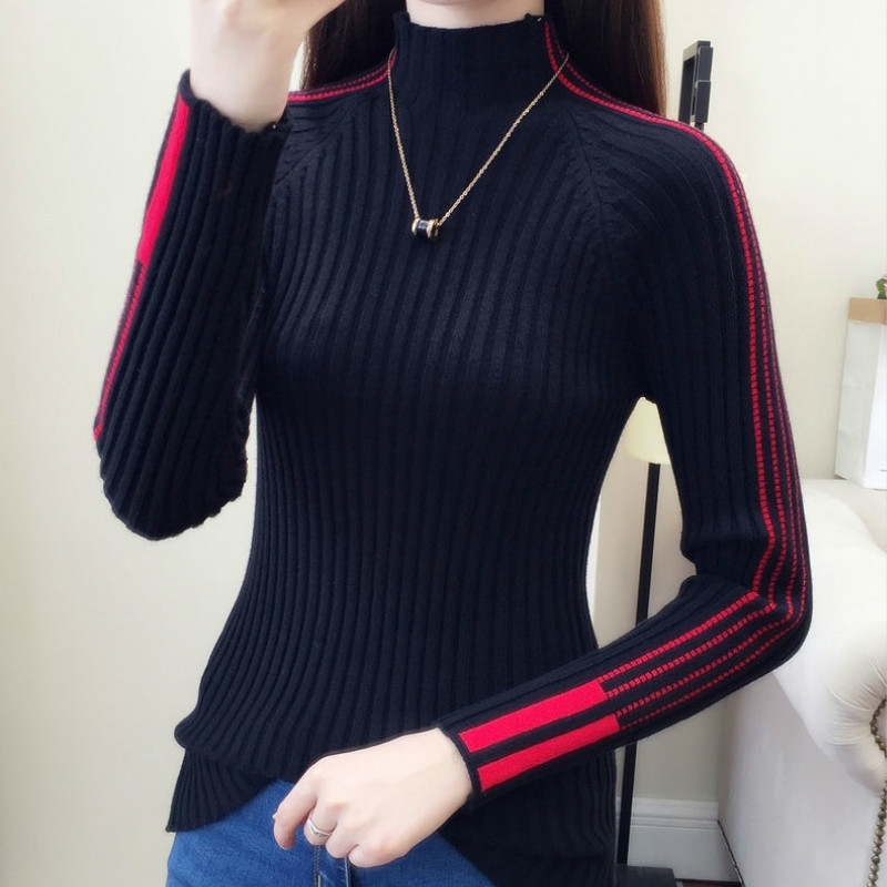 

Woherb Striped Turtleneck Pullover Sweater Women Korean Slim-fit Stretch Knitted Tops Ladies Contrast Jumper Autumn Winter 201203, Red