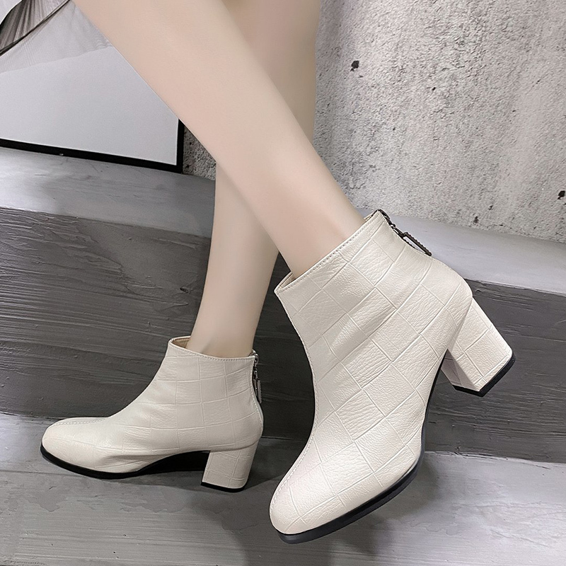 

2021 The New Quality Leather Ankle for Elegant Owmen Toe Square Foot Shoes High Woman Heels Winter Warm Boots Ladies Opcn, Beige