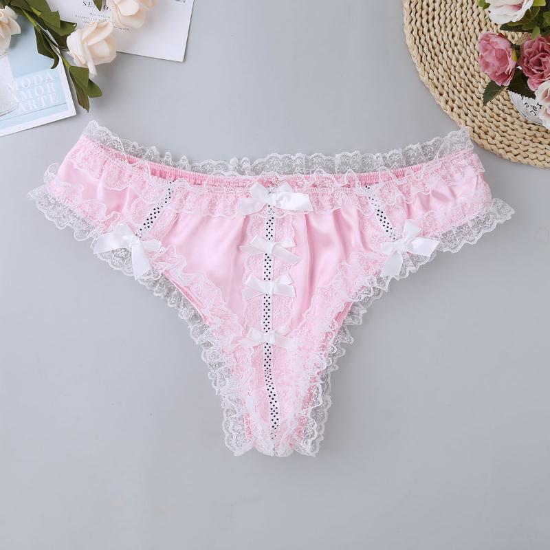 

Low Waist Sissy Panties Men Hot Sexy Erotic Lingerie Soft Shiny Satin Ruffle Lace Bikini Briefs Male Crossdressing Gay Underwear, Pink