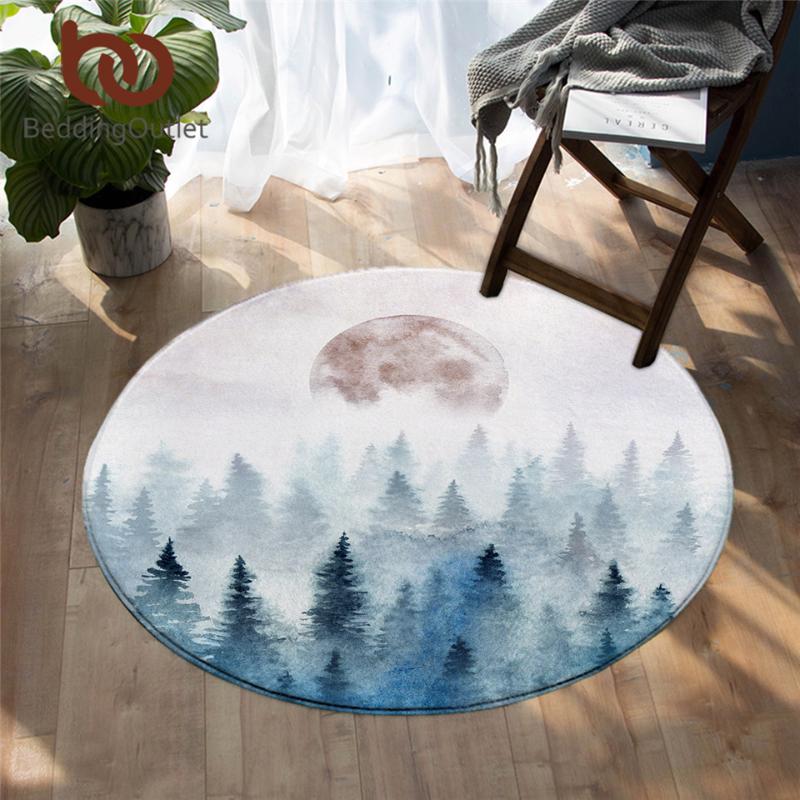 

BeddingOutlet Fir Forest Round Floor Carpet for Living Room Misty Trees Area Rug Watercolor Floor Mat Moon Decorative Tapete