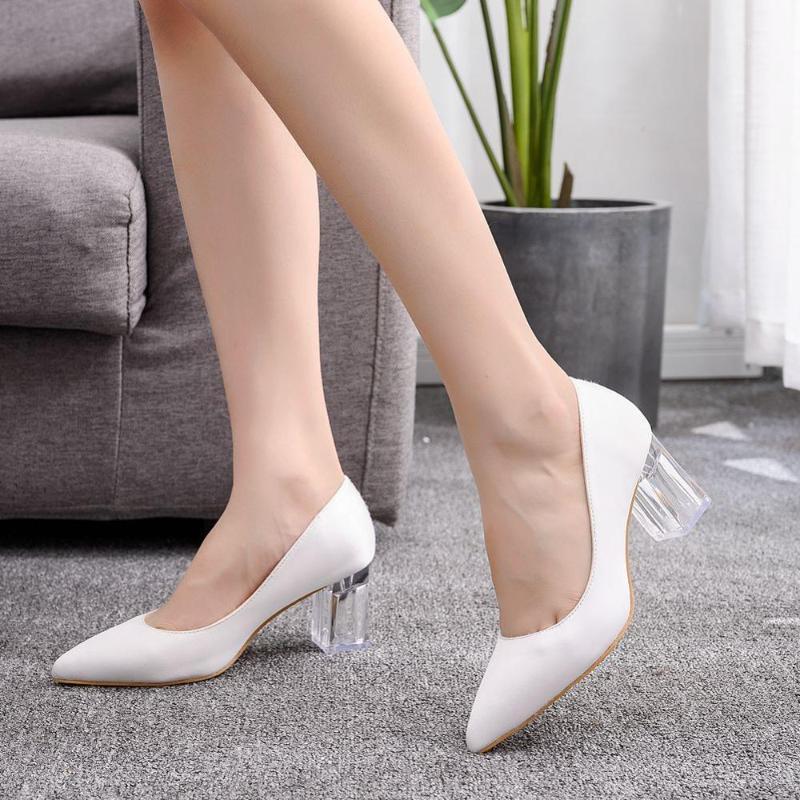 

High Heels Shoes Women Pumps Poninted Toe Leather Women Wedding Shoes Sexy Clear Chunky Heels Ladies White Sapato Feminino1