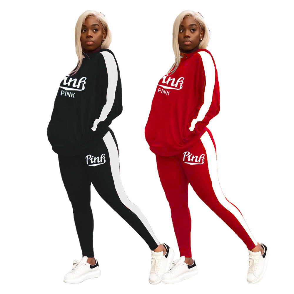 

2021 New Pink Shredded Letter by Hoodies Women Jogger Active Suit Pants Wear Tracksuit Set of Two Fitness Outfit FJN6, Black