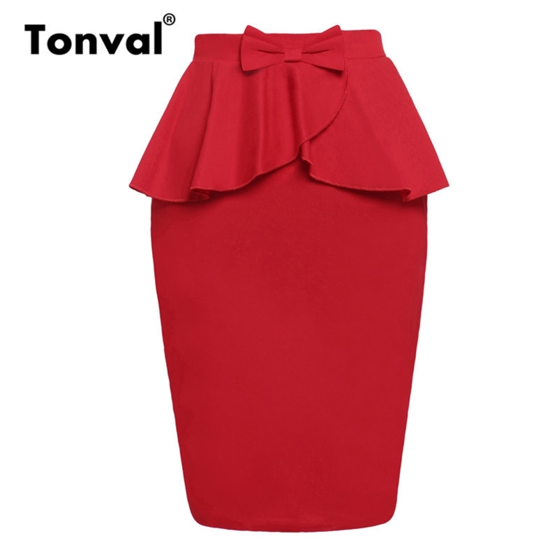 

Tonval Red Solid Ruffle Office Lady Pencil Skirt Women Bow Vintage Slit Back Bodycon Skirts Ladies Summer High Waist Skirts Y200326