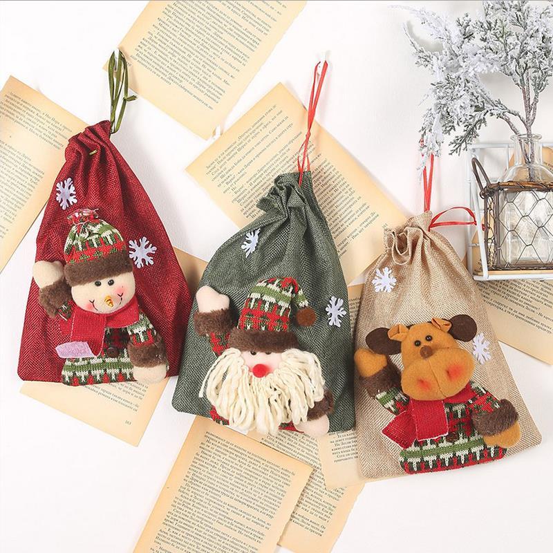 

Christmas Burlap Gift Bag Cute Elk Snowman Santa Pattern Candy Bag Drawstring Treat For Christmas Party Supplies Kid Favors