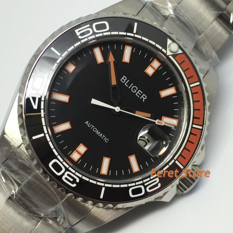 

Bliger 43mm men's Sapphire glass black dial orange ceramic bezel date automatic waterproof steel watch1, Style-2