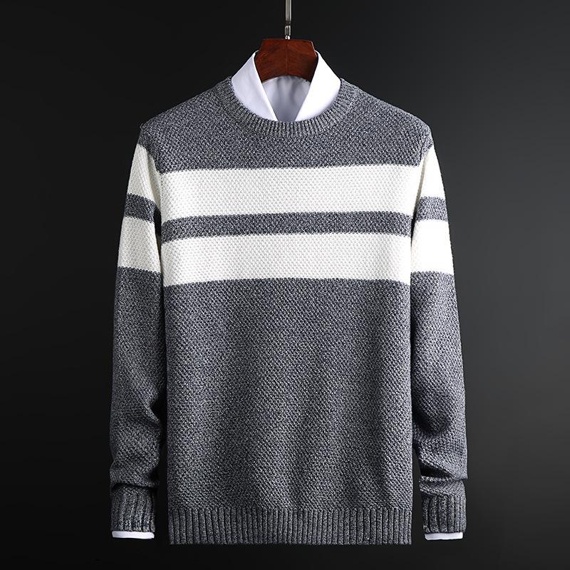 

Fashion Striped Sweater Men Streetwear Pullover Knitwear Shirt Autumn Winter Thickening O-Neck Cotton Sweaters Mens Jumpers, Blue