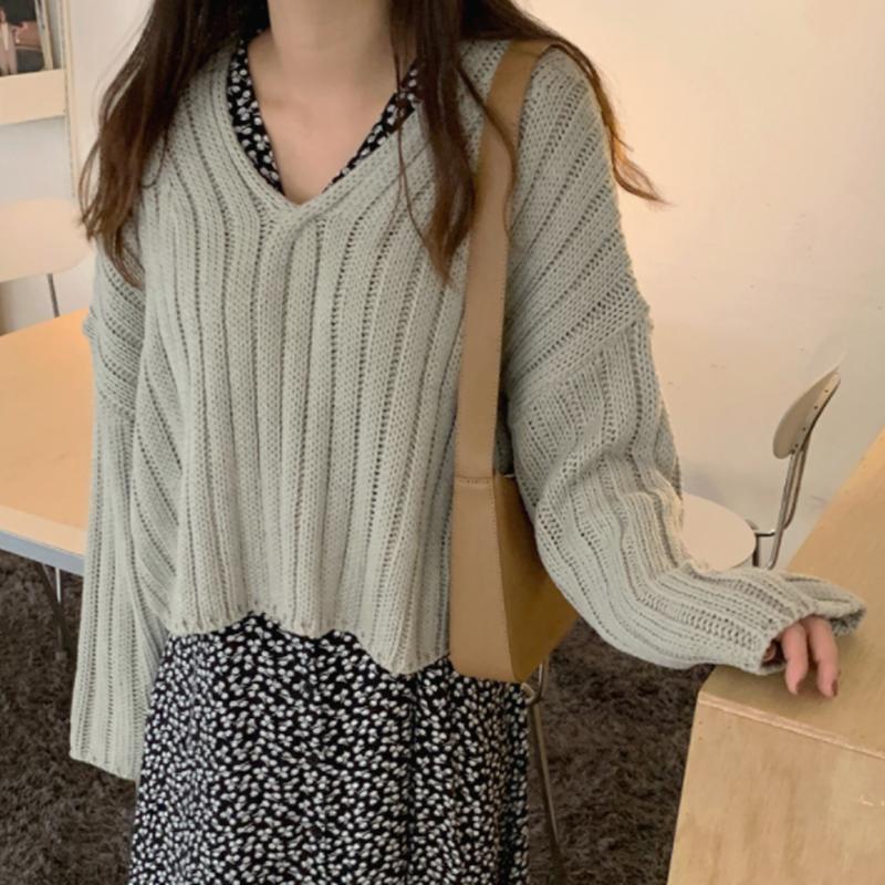 

Women's Sweaters 2022 Autumn V-Neck Sweater Women Casual Loose Korean Solid Pullover Long Sleeve Knitted Fashion Top Warm Knitwear 17393, White;black