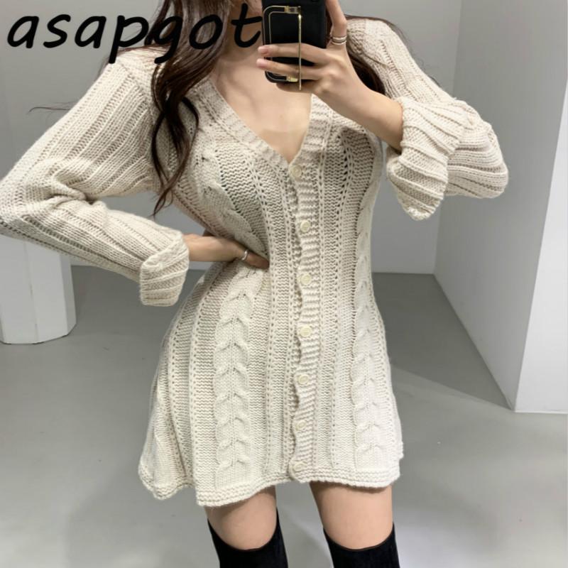 

Casual Dresses Autumn Winter Temperament Twist V-neck Knitted Dress Mini Slim Single-breasted Sweater Solid Vintage Wild Loose, Black;gray