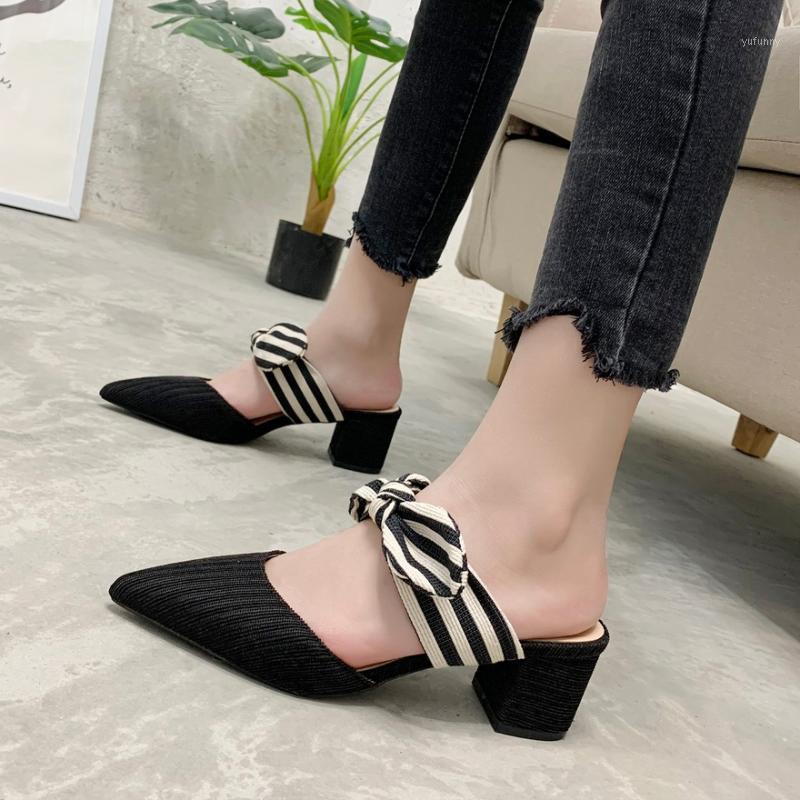 

2020 Luxury Design canvas strap Slides Women 5cm High Heels Mules Summer Ladies Sandals Heels Slippers Prom Stripper Shoes1, Beige