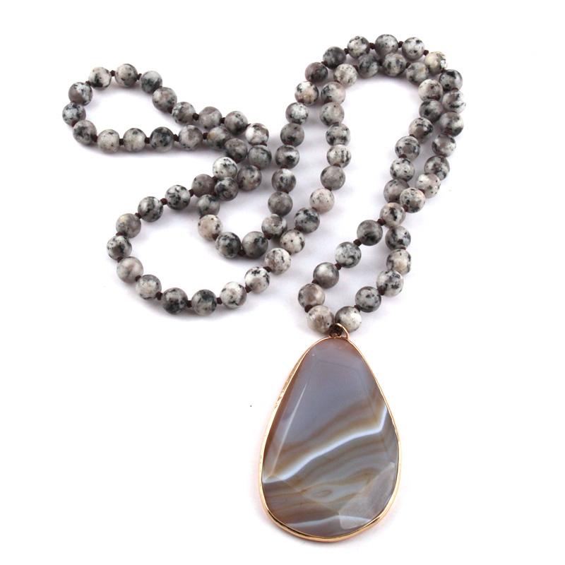 

MOODPC Fashion Bohemian Tribal Jewelry Beautiful Stripe Stone long Knotted Necklaces Facet Drop Pendant Ethnic Necklace