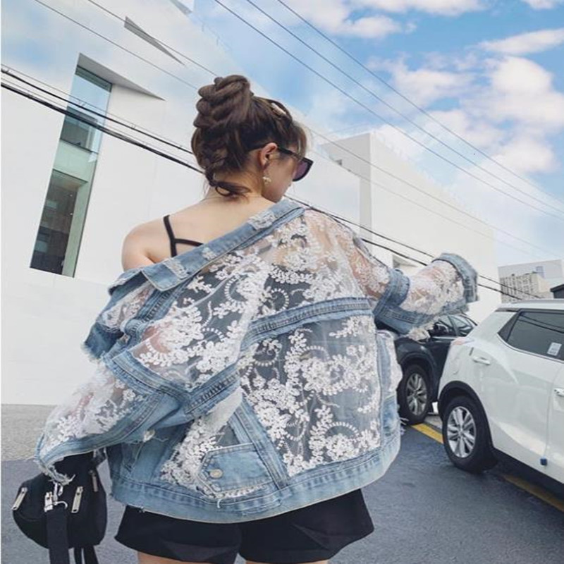 

Women's Embroidered Hole Denim Short Jacket Thin-lace Panel Lp7h, Blue