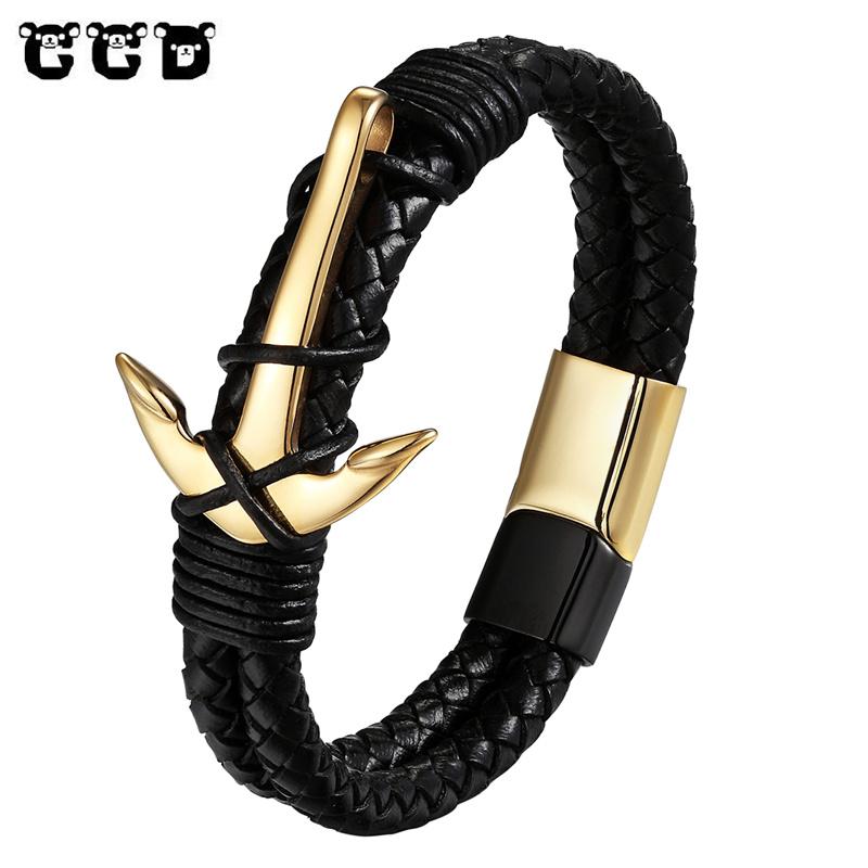 

CCD Punk Men Jewelry Black Gold silver color Anchor Braided Genuine Leather Bracelet Stainless Steel Bangles 19/21/23cm pulseras