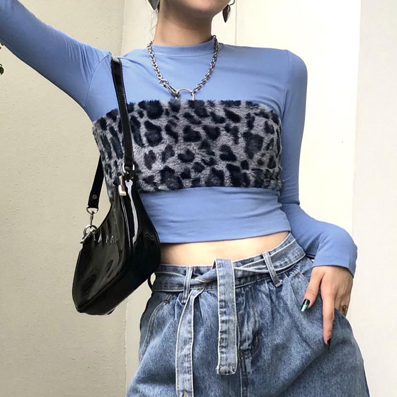 

Leopard Print Patchwork T-shirt Club Streetwear 2021 Sexy Women Plush O-neck Long Sleeve Bodycon Slim T-shirt 2 Color, Blue