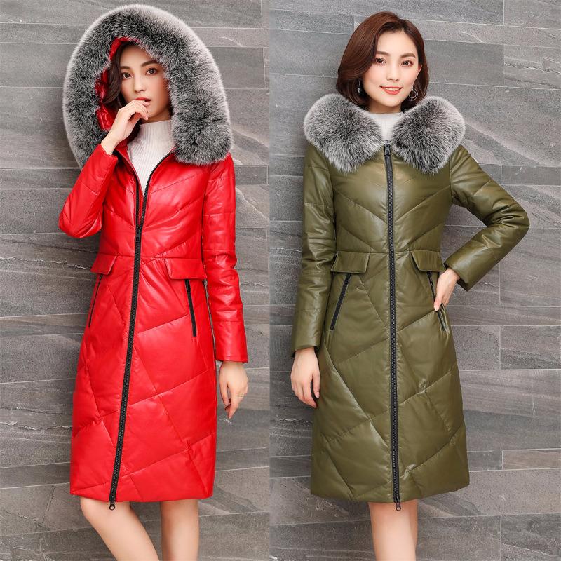 

Jacket Women 2020 Winter Fur Collar Duck Coat Womens Plus Size Sheepskin Genuine Leather Down Jackets X66 YY522, Black
