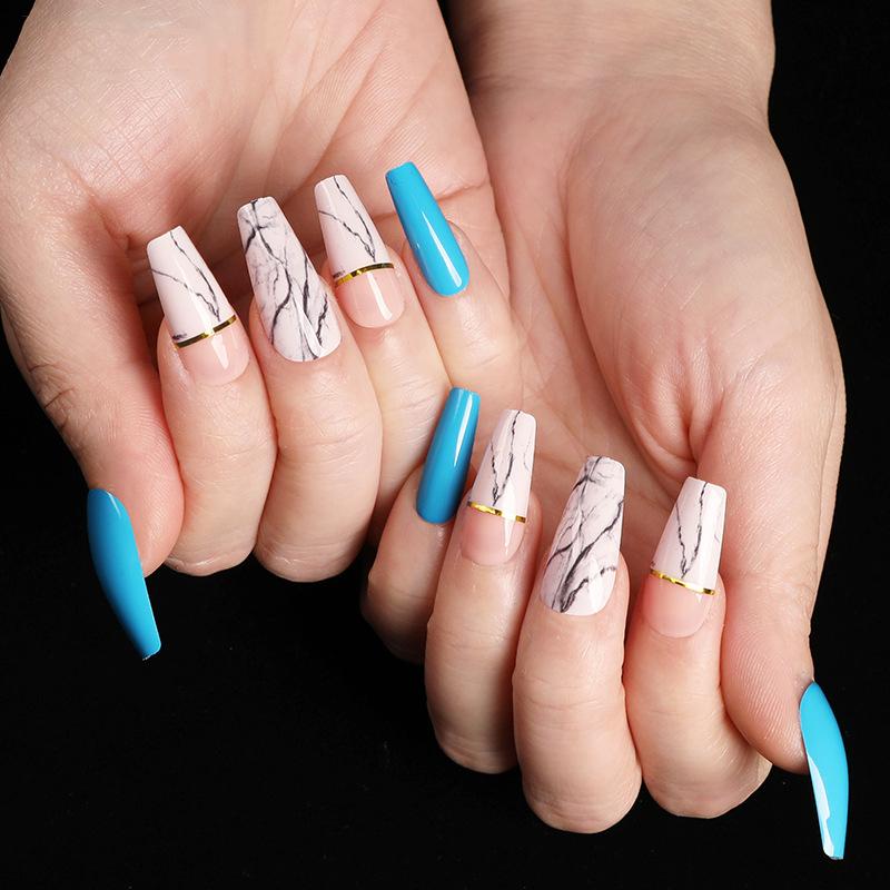 

24pcs Long Coffin Press on Nails with Glue Black White Marble Designs Gold Strip Full Cover False Nails Art Decoration Supplies, Sm19200907