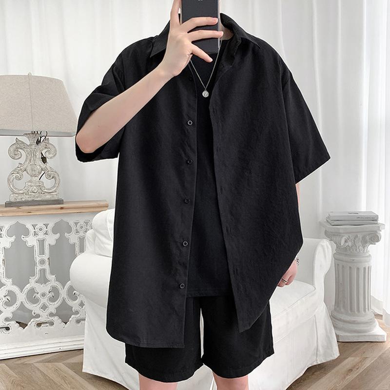 

Streetwear Shirts Men Shorts Sleeve Cotton Loose Summer Hip Hop Solid Korean Harajuku Fashion Men Hawaiian Beach Casual Shirts, White