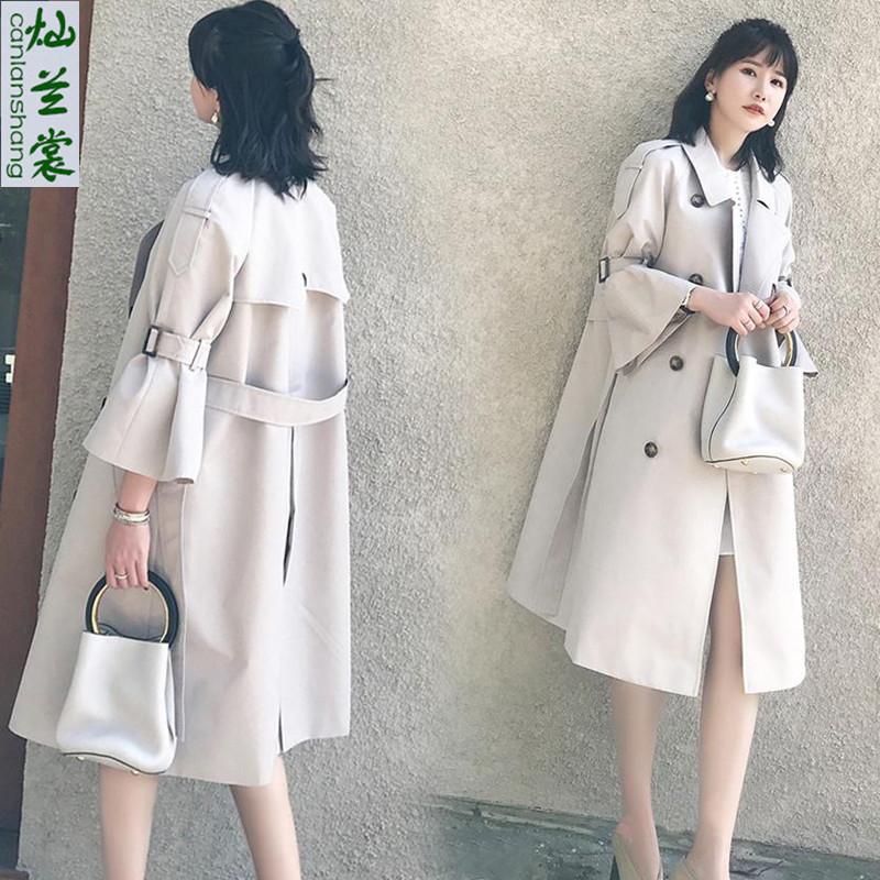 

2020 Fashion Windbreaker Female New Korean Spring Autumn Trumpet Sleeve Over The Waist Tie Slim Long Trench Coat for Women A1420, Khaki