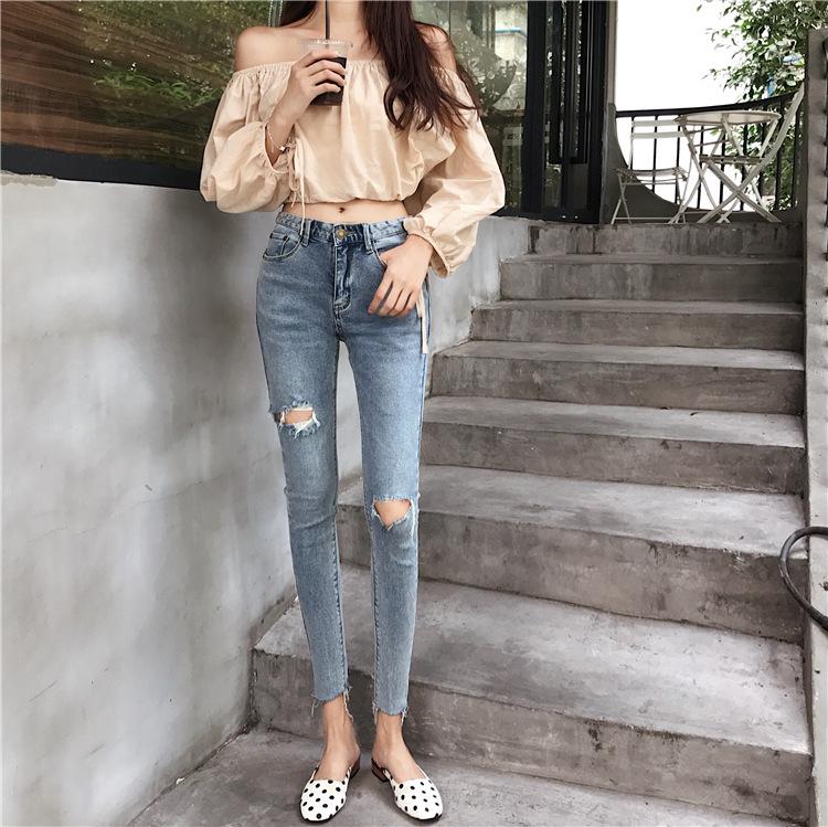 

Fashion slim jeans new Korean students with high waist and thin elastic holes jeans casual feet retro pants women 9183, As pic