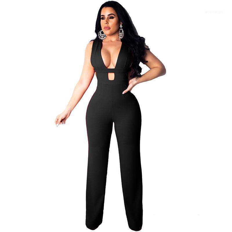 

Sexy Hollow Out Bandage Jumpsuit Women Sleeveless Backless Zipper Wide Leg Bodycon Rompers Night Club Wear Party Playsuit Female1, Black