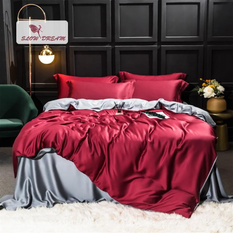 

SlowDream Luxury Women Red 100% Silk Bedding Set Beauty Healthy  King Quilt Cover Pillwocase Flat Sheet Or Fitted Sheet, 003