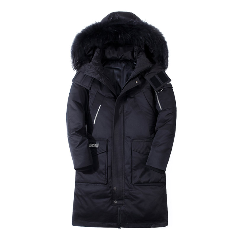 

Withered Black New Over-The-Knee Long Down Jacket Han Edition Handsome Male Duck Down Park Youth Heavy Hair Coat Collar With Thick Winter Co, Wither black