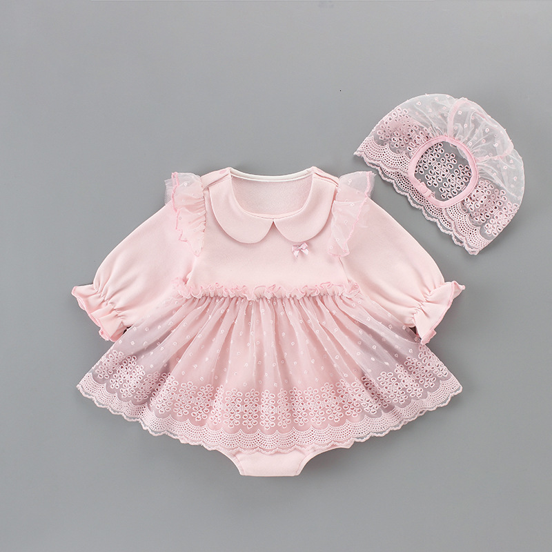 

2021 New Clothes Autumn Bodysuits Infant Baby Girls Christening Baptism Party Princess +lace Hat 2pcs/set Pink 0-2y 7o5h