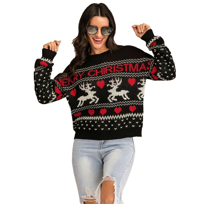 

2020 Christmas Women Sweater Elk Print Knit Shirt Ladies O Neck Loose Lazy Style Versatile Pullover Autumn Winter Casual Tops, Black