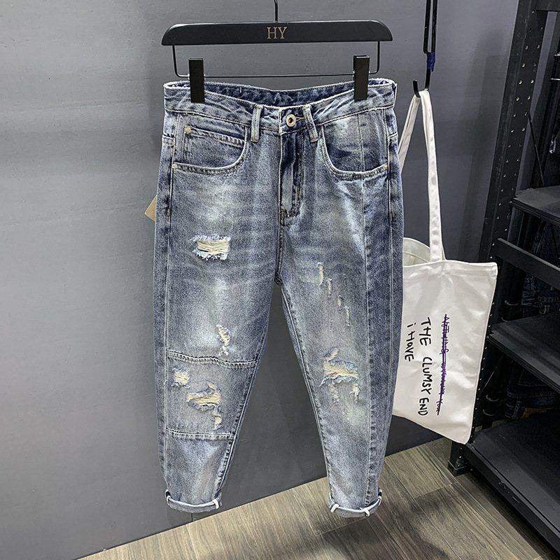 

2021 New Korean Style Fashion Retro Blue Loose Fit Spliced Ripped Harem Pants Streetwear Destroyed Hip Hop Designer Jeans Men 6cde
