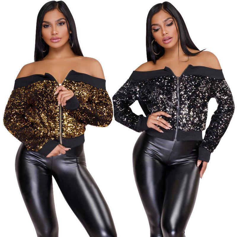 

Women Sequin Casual Jackets Long Sleeve Sexy Women Off Shoulder Street Wear Clothes Fashion Coat Jacket, Gold