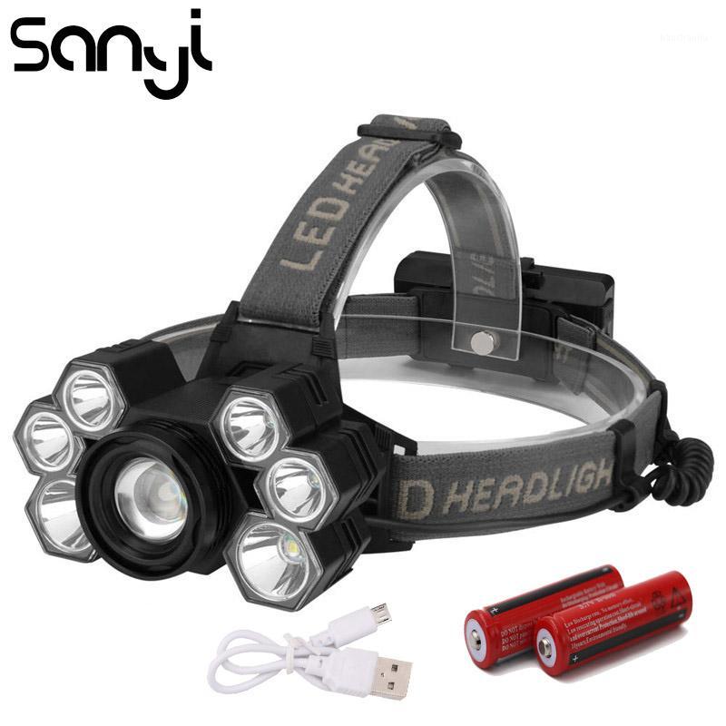 

SANYI 7 LED Headlight Head 2 x 18650 Battery USB Rechargeable Headlamp XPE T6 Head Lamp for Hunting Camping1