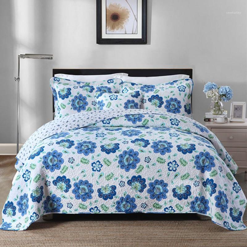 

Free shipping 100%cotton 3pcs blue floral patchwork quilt colcha /queen size European cotton clip bed cover bedspread1, As pic