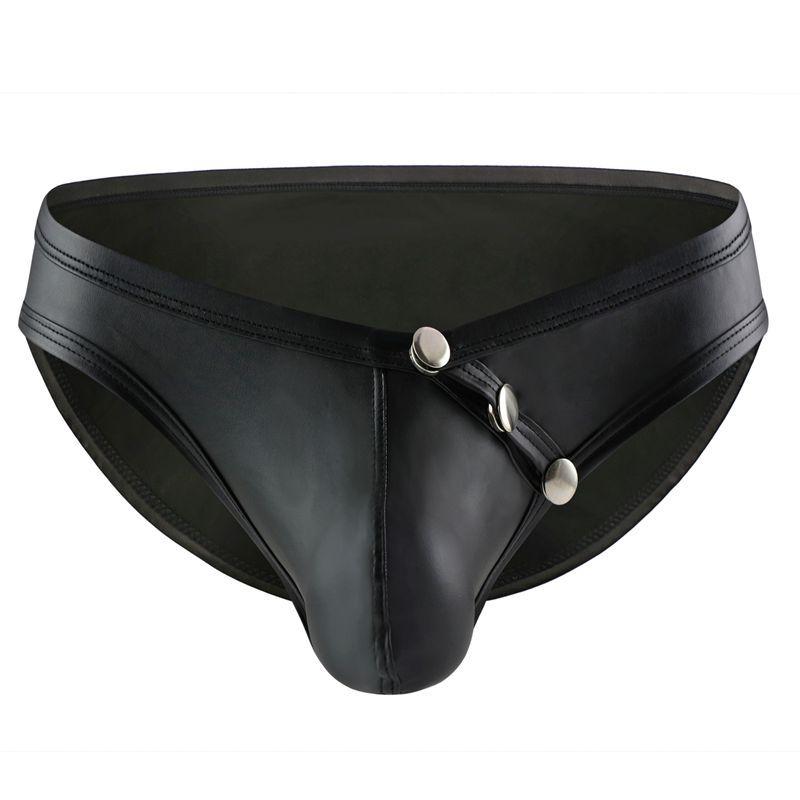 

Sexy Men Underwear Faux Leather Briefs Shorts Intimate Black Panties Detachable Buckle Pouch Low Rise Underpants Plus Size -XXL